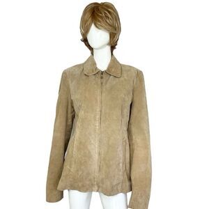 Adler Vintage Camel Suede Genuine Leather Lined Central Zip Collared Jacket XL